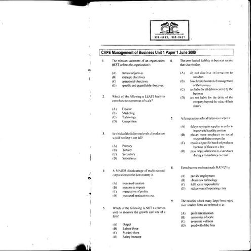 Unit 1 CAPE Management Of Business Paper 1 - 2009 Past Paper (Rough Scan)