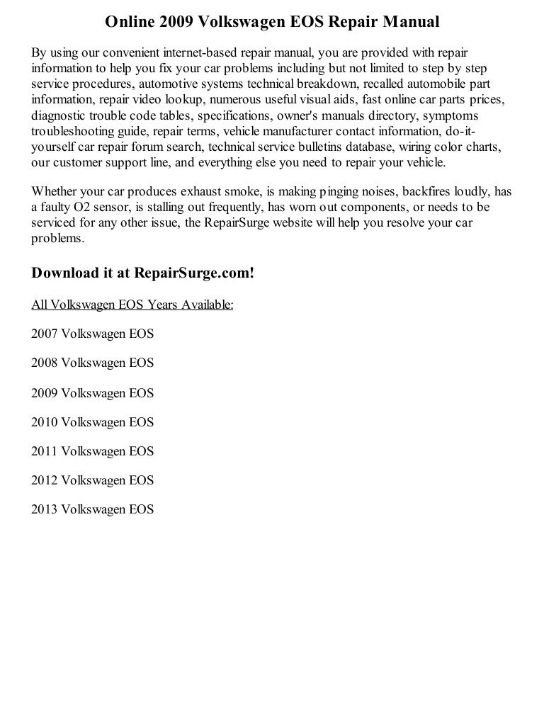 2009 Volkswagen Eos Repair Manual Online