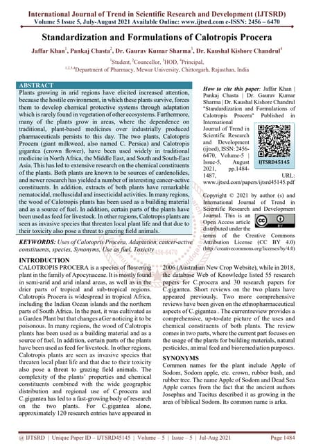 Standardization and Formulations of Calotropis Procera