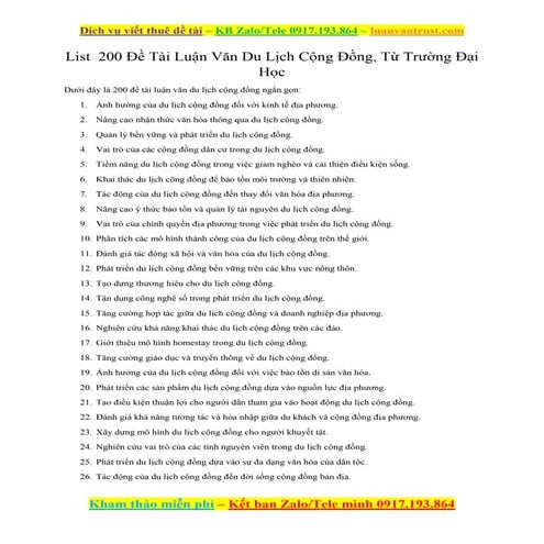 200 Đề Tài Luận Văn Du Lịch Cộng Đồng, Từ Trường Đại Học.docx