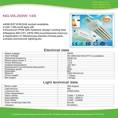E40 200W LED Corn Light External Power