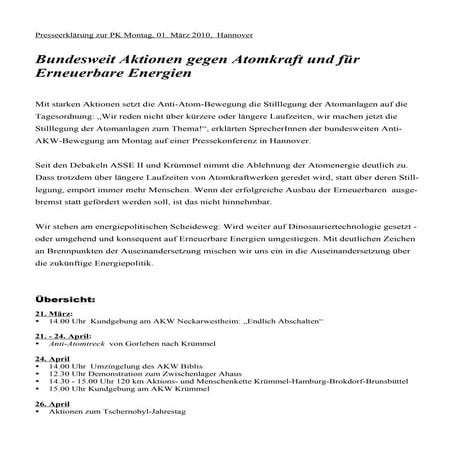 2010 03 01 Gemeinsame Presseerklärung Anti Atom Bewegung