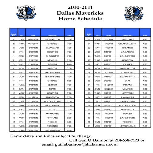 2010 2011 Mavs Home Schedule