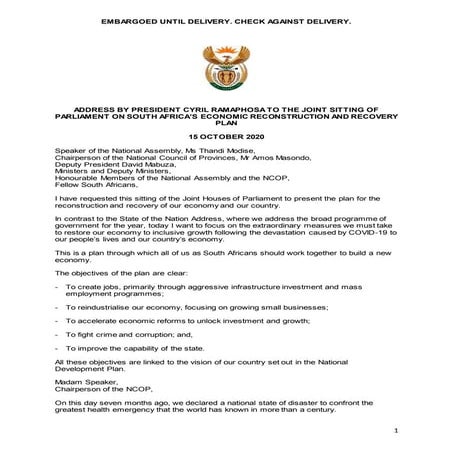 Recovery plan announcement by president Ramaphosa