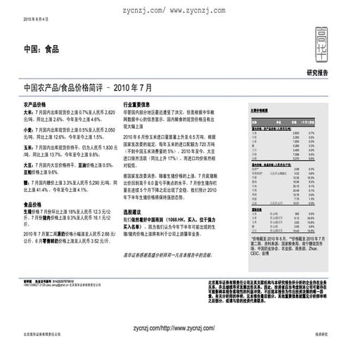 中国：食品中国农产品 食品价格简评– 2010 年7 月