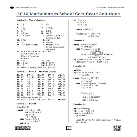 2010 mathematics school certificate solutions