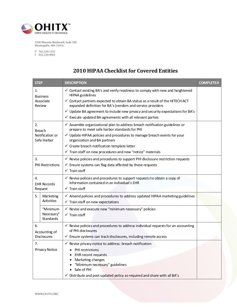 2010 New Guidelines Hipaa Checklist V1