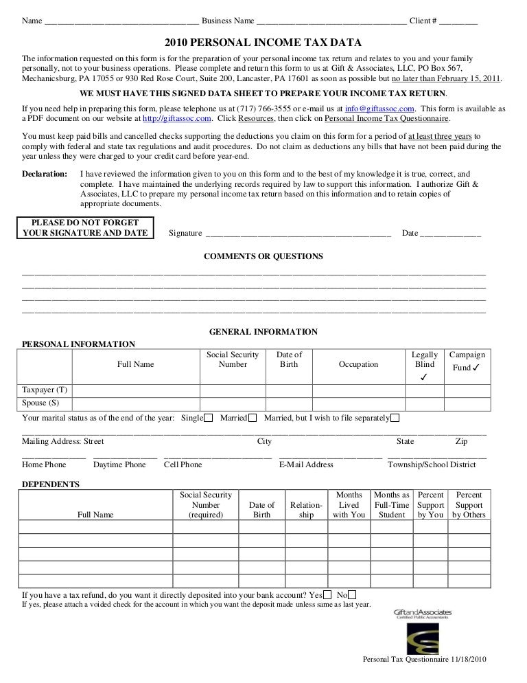 2010 Personal Income Tax Questionnaire