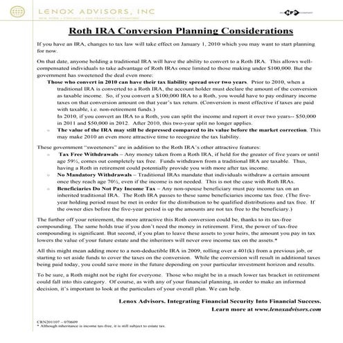 2010 Roth Ira Conversion Considerations