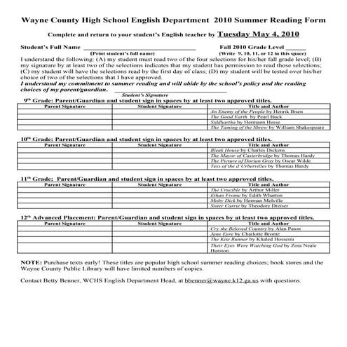 2010 summer reading form