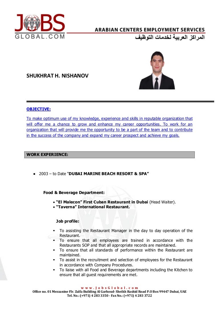 head waiter resumes