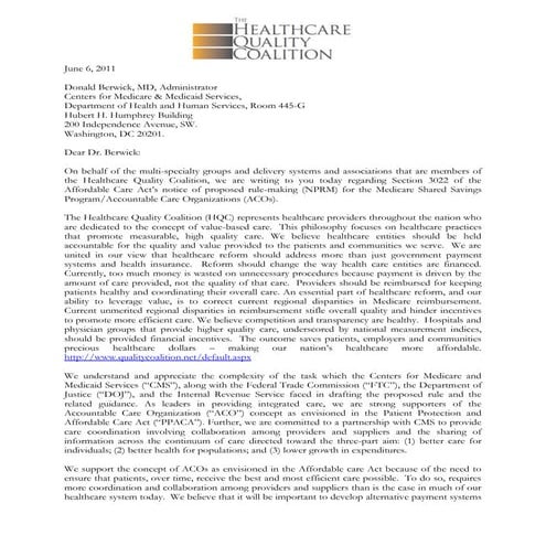 Healthcare Quality Coalition letter