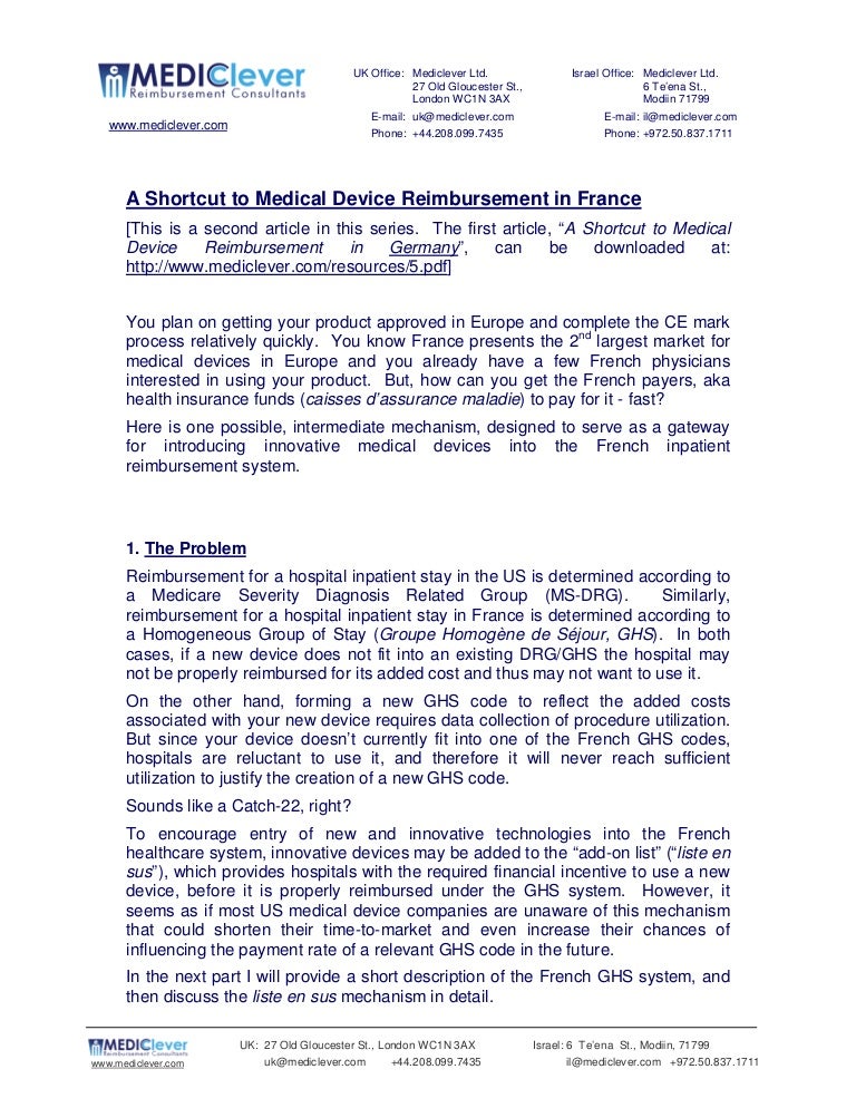 A Shortcut to Medical Device Reimbursement in France