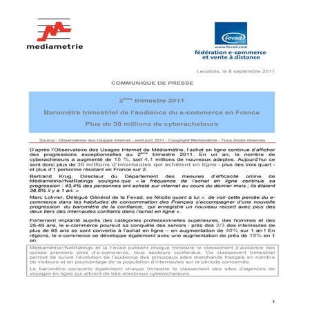 Baromètre trimestriel de l’audience du e-commerce en France - FEVAD/MEDIAMETRIE