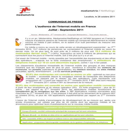 Communiqué de Prese Audience de l'internet mobile 3ème trimestre 2011 en France