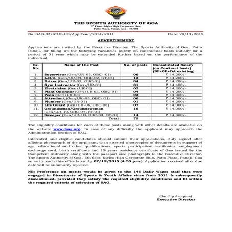 SAG recruitment notification 2015