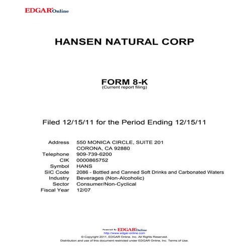 Monster Beverages 2011 Investor Presentation