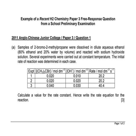 2011 ACJC Preliminary Examination, H2 Chemistry Syllabus 9647, Paper 3, Quest...