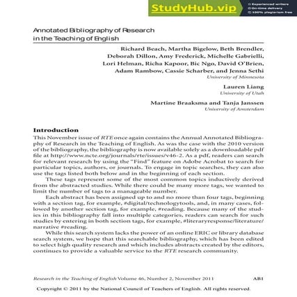 2011 Annotated Bibliography Of Research In The Teaching Of English
