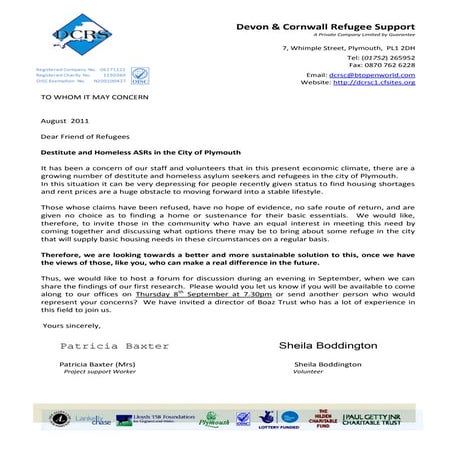 DCRS August 2011 Destitution Forum Letter