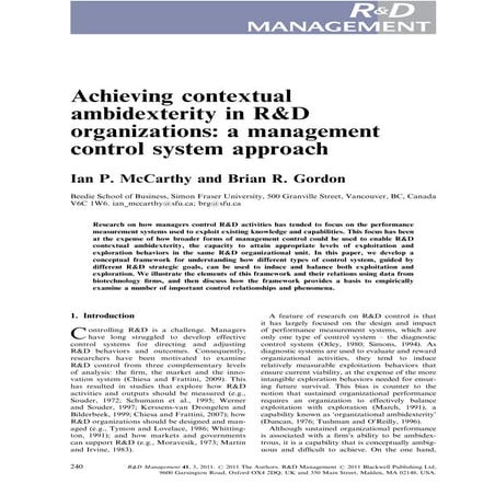 Achieving contextual ambidexterity in R&D organizations: a management control...