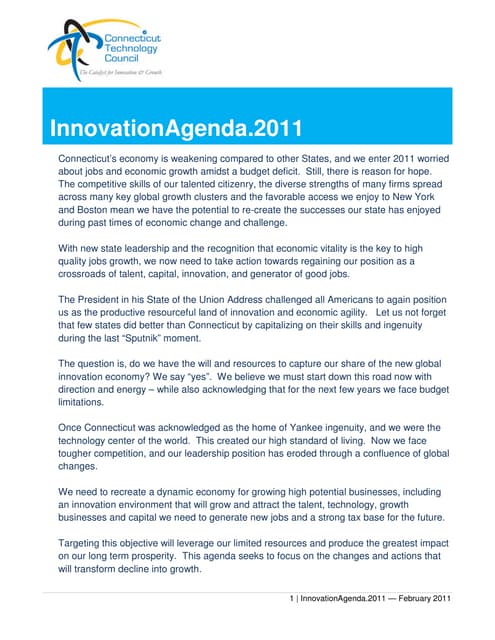 Connecticut Technology Councils Calls for Support of High Growth Firms, Provide More Funding For Connecticut Innovations and Asks Governor to Oversee Building of Innovation Eco-System