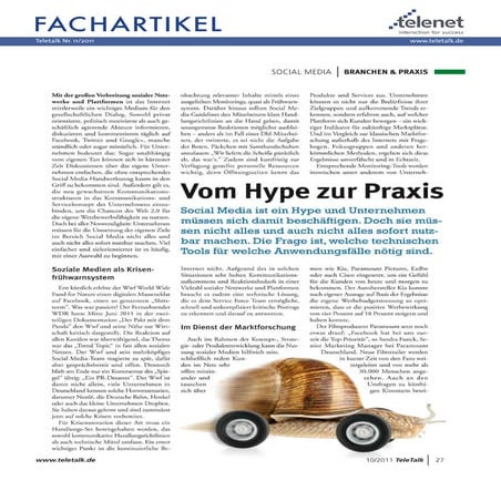 Fachartikel Teletalk "Social Media - vom Hype zur Praxis", 10/2011, Bonelli