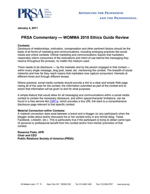 PRSA Commentary — WOMMA Ethics Code...