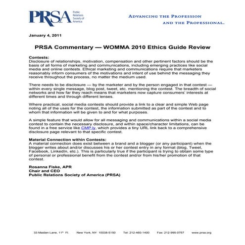 PRSA Commentary — WOMMA Ethics Code Review