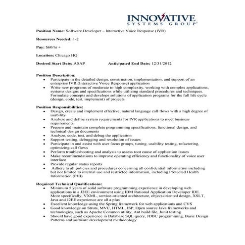 IT Software developer - Interactive Voice Response Systems