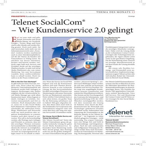 Fachartikel "Kundenservice 2.0", Fachzeitschrift One to One, Ausgabe Mailingt...