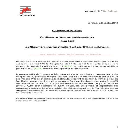 le communiqué de presse de Médiamétrie relatif à cette étude