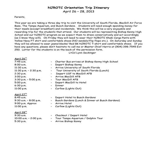 2012 2013 itinerary to parents