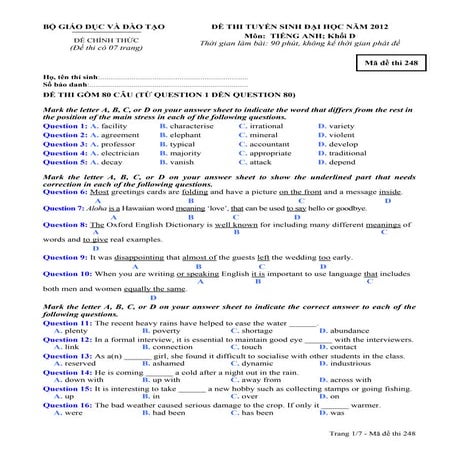Đề thi đại học 2012 môn Tiếng Anh khối D