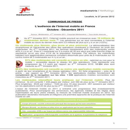 Audience de l'internet mobile 4e trimestre 2011