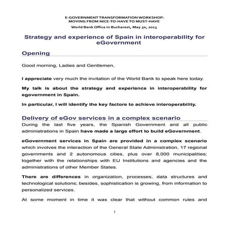 Strategy and experience of Spain in interoperability for eGovernment. Governm...