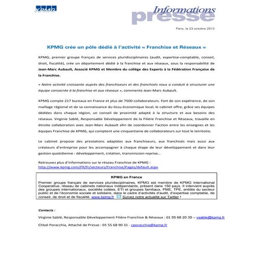 KPMG cree un pole dedie a l’activite Franchise et Reseaux 
