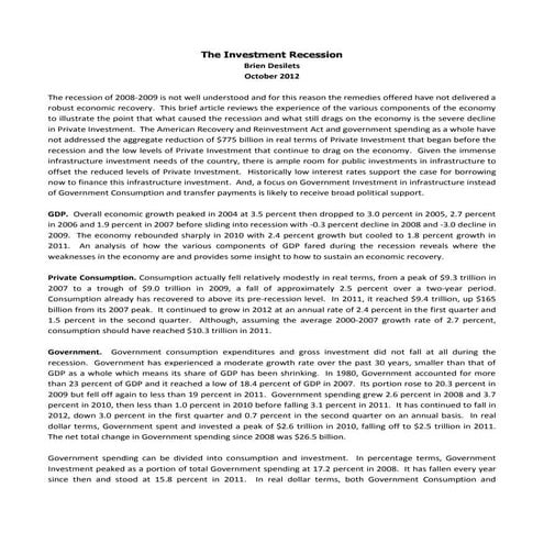 The Investment Recession by Brien Desilets