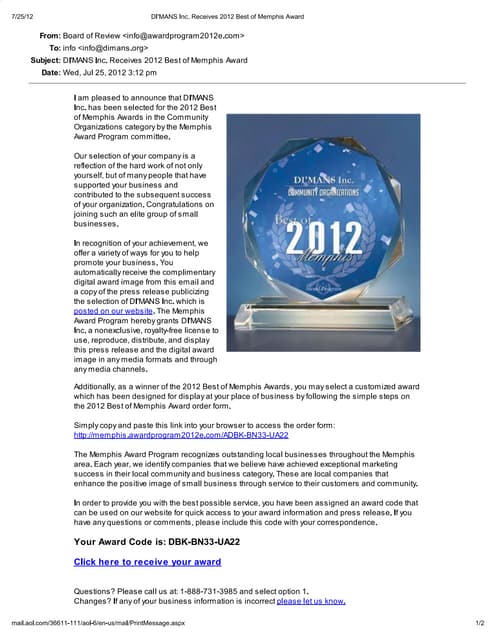 2012 Best Of Memphis Awards Dimans Inc