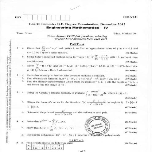 Electronic and Communication Engineering 4th Semester (2012-December) Questio...