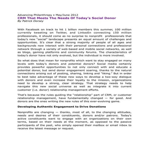 Advancing Philanthropy--CRM That Meets The Needs Of Today's Social Donor