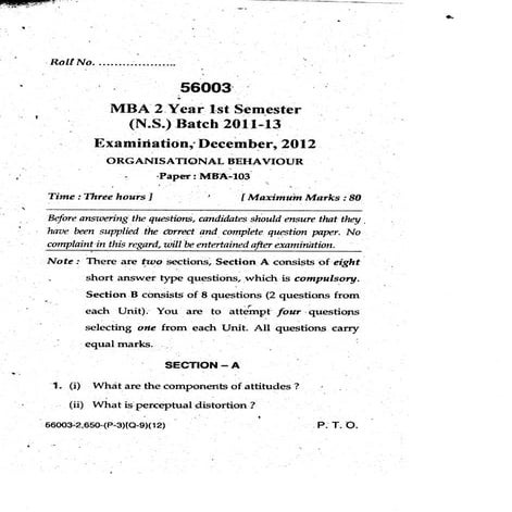 Organisational Behaviour MBA Question Paper | PDF