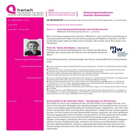 Programm Workshop "Kulturorganisationen (weiter-)entwickeln", 20. - 21. Septe...