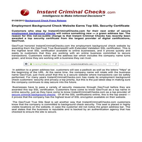 Employment Background Check Website Earns Top SSL Security Certificate