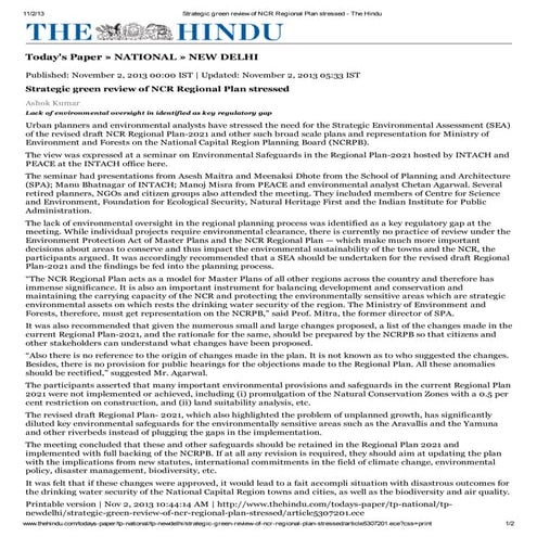 2013.11.02 strategic green review of ncr regional plan stressed the hindu