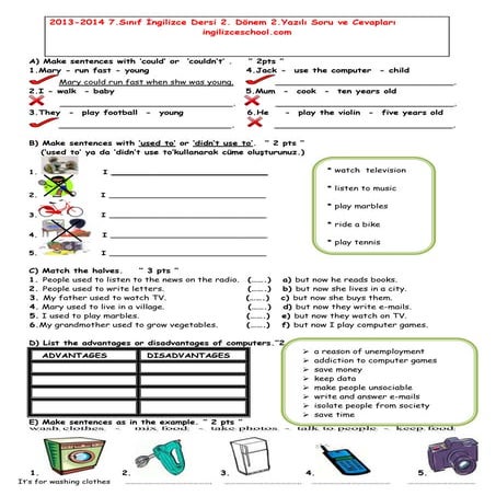 2013 2014 7.sınıf ingilizce dersi 2. dönem 2.yazılı soru ve cevapları
