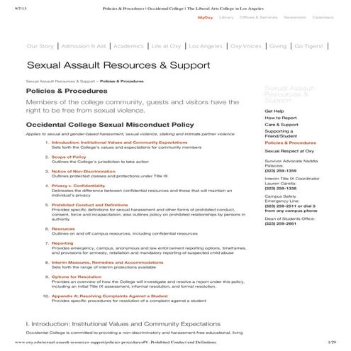 2013-2014 Occidental College Sexual Assault Policy
