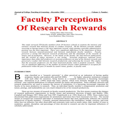 Faculty Perceptions Of Research Rewards