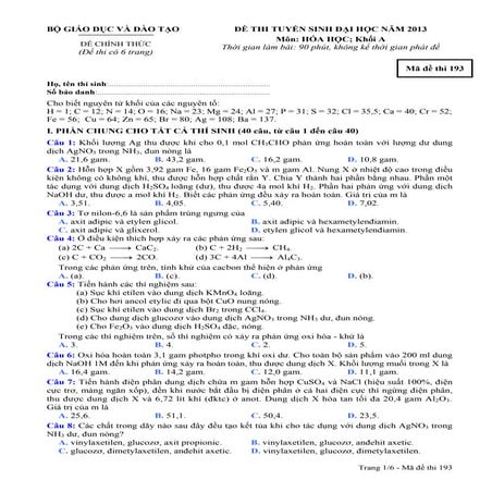 Đề thi đại học 2013 môn Hóa Học khối A