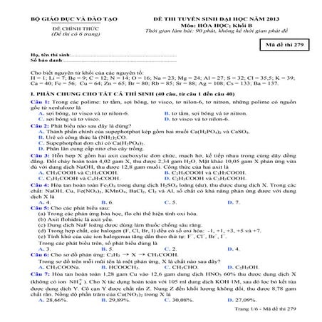 Đề thi đại học 2013 môn Hóa Học khối B